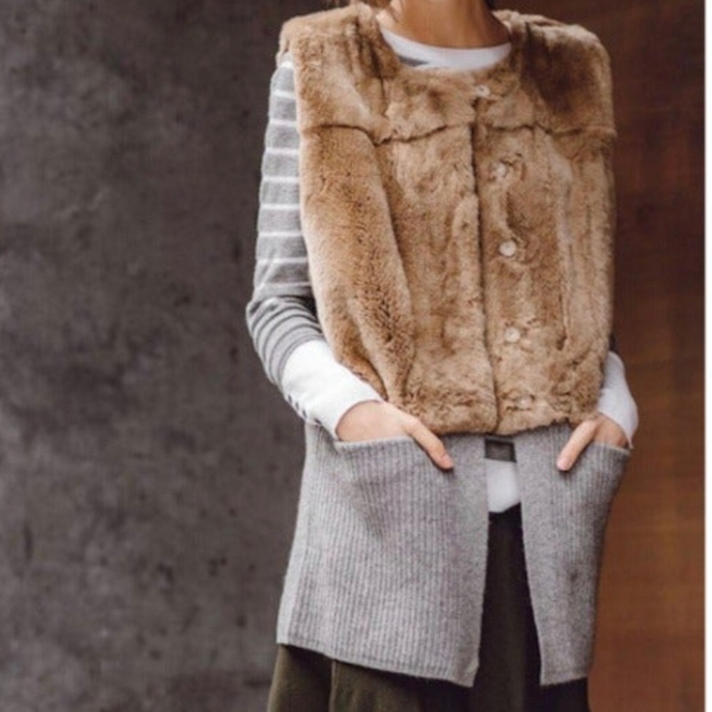 NWOT $658 Sz XS/P SOH Revolve Brown Rex Rabbit Fur Gray Sweater Detail Vest